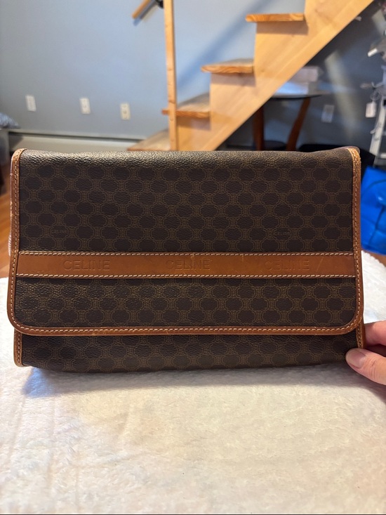 Celine Handbags - Celine Brown Monogram Canvas Toiletry Clutch with Tan Leather Trim